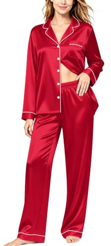 SWOMOG Women Pyjama Set Long Sleeve Pjs Silk Satin Pyjamas with Pocket Soft Button Down Pj Set Loungewear 2 Piece Red