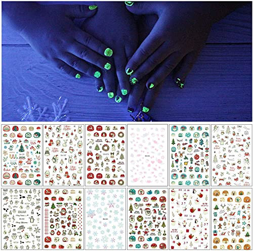 EBANKU 12 Blatt Nagelsticker Weihnachten Selbstklebend Nagelaufkleber Leuchtend Weihnachten Schneeflocken Nail Art Stickers für Damen Mädchen Nail Art DIY Dekoration