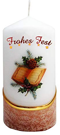 Meissner-Handel Auswahl Motiv, Weihnachtskerze 'Frohes Fest' ca. 6 x 12 cm, farbig getaucht, mit farbigen Wachs- und Bildauflagen * (Motiv 030)