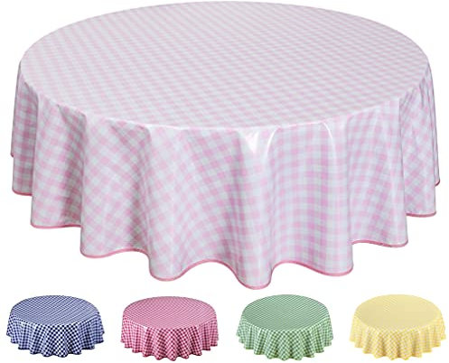 Wachstuch Tischdecke Abwaschbar, pflegeleicht, abwischbar, Rund 160cm, kariert, Rosa
