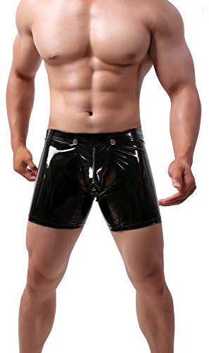 Bodywear4you Herren Leder Boxershorts Lack glänzend Optik, Wetlook sexy Unterwäsche, Clubwear Jockstraps mit offenem Schritt Ouvert Shorts Long Pants (Schwarz, L)