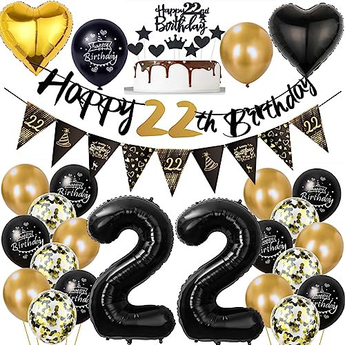 22 Geburtstag Deko Mann Frauen, Luftballon 22. Gold Schwarz Geburtstagsdeko 22 Jahre, Ballon Schwarz Gold Deko 22. Gold Schwarz 22 Jahr Geburtstagdeko