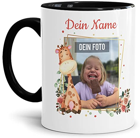 Tassendruck Kinder-Tasse - Für Mädchen & Jungen | Innen & Henkel Schwarz, mit Tiermotiv Giraffe, mit Foto & Name selbst gestalten, Keramik, 300 ml