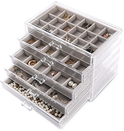Frebeauty Acryl-Schmuck-Organizer, Ohrring-Organizer, Box mit 5 Schubladen, stapelbarer Ohrringhalter für Ringe, Ohrstecker und Armbänder (grau)