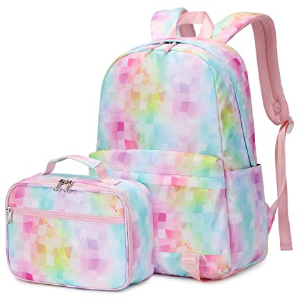 WUUDWALK Girls School Bag Kids' Backpacks Fashion Backpack Teens Bookbag Set,Tie Dye printed marble pattern backpack with Lunch Bag (Printed marbling of Pink)