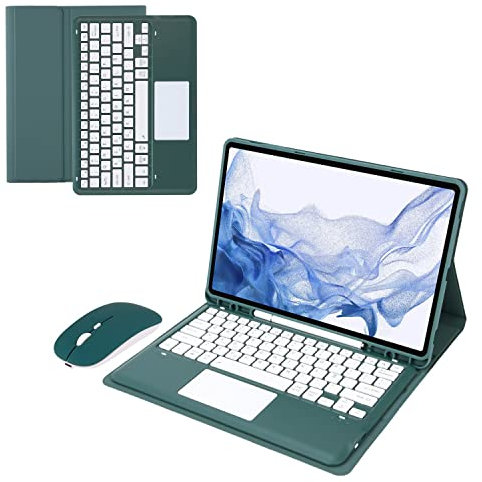 Bueuwe Funda con Teclado para Samsung Galaxy Tab S7 FE/S7 Plus/S8+ De 12,4 Pulgadas - Contiene Ñ, Teclado Inalámbrico Desmontable con Soporte para S Pen, Ratón Bluetooth,Green2 with touchpad
