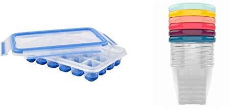 Emsa 514549 CLIP & CLOSE Eiswürfelbox | mit Frischedeckel | für 24 Eiswürfel | Flexibler Boden | 100% Dicht | selbst im gekippten Zustand & Babymoov Babybols Aufbewahrungsbehälter, 6-teilig, 250 ml
