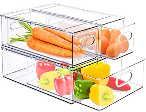 bealy Refrigerator Organizer Bins with Pull-out Drawer,Fridge Drawers Clear Stackable Storage Bins Containers for Freezer, Refrigerator, Pantry Organization and Storage (3 Pack), ROB003