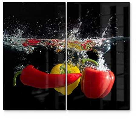 DEQORI Herdabdeckplatten Glas | 2er Set 60x52 cm | Motiv Paprikaschoten im Wasser | Ceranfeld Abdeckplatten in Küche | Herd-Abdeckungen universal | Glasplatten & Schneidebretter für Kochplatte