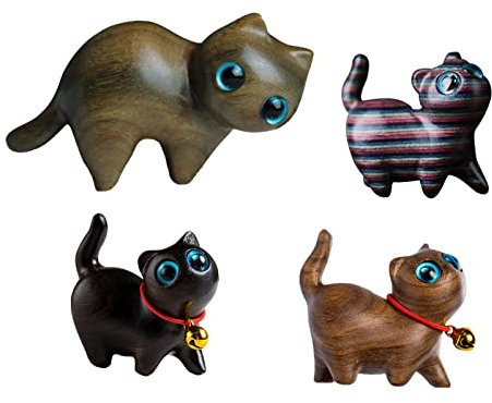 YWNYT Niedliche Katzenfigur, Sandelholz, handgeschnitzt, Katzenskulptur, Statue, schöne Holzschnitzerei, Katzen, Heimdekoration, 4 Stück