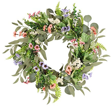 19.7Inch Spring Summer Wild Flower Artificial Daisy Front Door Wreath,Farmhouse Spring Summer Wreaths for Front Door Outdoor Wreaths Floral Flower Daisy Wildflower Spring Indoor Wreath Home Décor