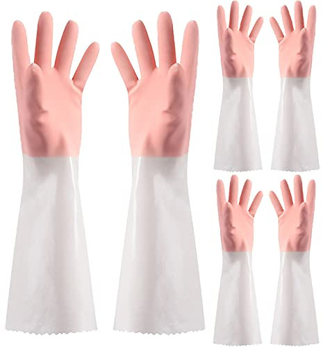 BAMFY Putzhandschuhe Lang Gummi Haushaltshandschuhe 3 Paare Haushalt Gummihandschuhe for Geschirr Spülen Wäscherei (Color : Pink, Size : A)