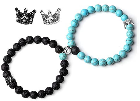 XIANNVXI 2Pcs Partnerarmbänder Pärchen Armband Paar Armbänder Partner Matching Bracelets Couple Naturstein Stretch Perlen Armband Valentinstag Geschenke(Lava Rock & Grün TüRkis)