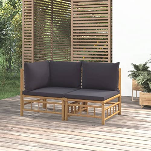 Homgoday Ensemble de salon de jardin 2 pièces avec coussins gris foncé bambou, salon de jardin, chaises longues, canapé-lit, meubles de jardin, chaises longues