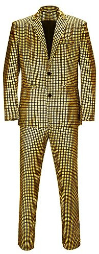 Herren 2-teiliges Disco-Kostüm, Jacke, Hose, Outfit-Set für Erwachsene, 70er Jahre, glänzende Metallic-Pailletten, Halloween, Cosplay, Partyanzug, Gold, M