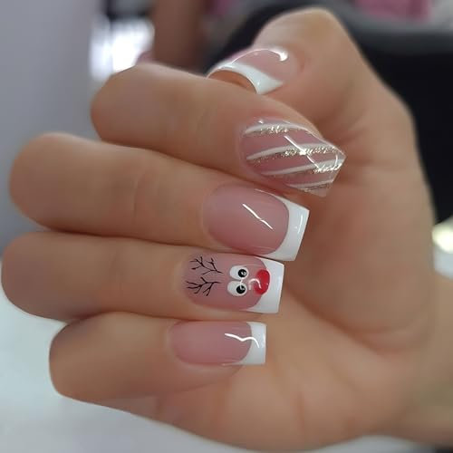 24Pcs Christmas False Nails Short, Square French Tip Press on Nails with Cute Elk Design, Acrylic Full Cover Fake Nails Reusable Nude Pink Stick on Nails for Women Girls DIY Nail Art Salon Home