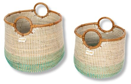 Terra Home 2er Set Aufbewahrungskörbe - stapelbar, Seegrass, rund, Ø 42 cm & 34 cm, geflochten, dekorativ, mit Henkel - Korb für Aufbewahrung, Spielzeug, Kinderzimmer, Wohnzimmer, Badezimmer (türkis)