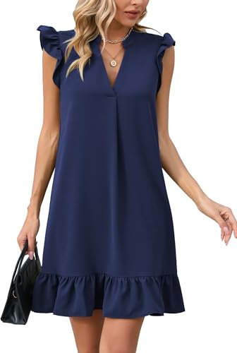 Famulily Damenkleider Frühling Sommer Ruffle Cap Sleeve Pleated Swing Casual Dress Knee Length Blau S
