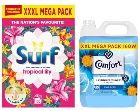 Surf Laundry Powder Tropical Lily & Ylang-Ylang 130 Washes 6.5 KG Washing Powder with Comfort Fabric Softener XXL Mega Pack Fabric Conditioner of Your Choice 160 Washes 4.8 Litre (Blue Skies)