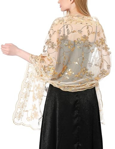 Ladiery Damen Pailletten Floral Schals und Stola für Abendkleid,Glitzer Festlich Hochzeit Stole Tuch für Abend Party