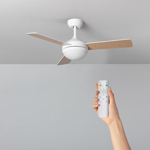 TECHBREY Ventilador de Techo Silencioso Navy 107cm Motor DC para Exterior Madera Clara Mando a Distancia Con Luz
