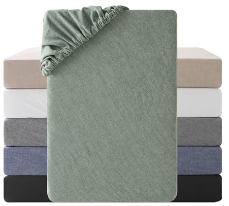 SOULFUL Drap Housse 140x190 cm Coton Bonnet 30cm, Oeko-Tex, Vert Sauge | 100% Coton Lavé Texture Similaire à Celle du Lin Stone Washed Confortable Respirant Drap-Housse