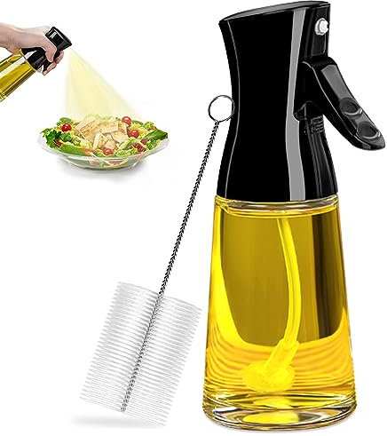 Aceitera Spray, Pulverizador Aceite, 180ml Spray Aceite Cocina de Vidrio con Cepillo, Vidrio Grueso, Amplio Alcance, Rociador de Aceite Potente (NEGRO)