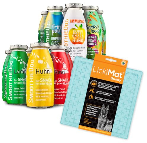 Hunde Smoothie SmoothieDog 12er Mix + Lickimat Buddy M Pastellmint - je 2X: Huhn, Rind, Lamm, Ente, Immunio, Veggie - Flüssiges Hundeleckerli - Zucker- & glutenfrei - Schleckmatte - je 250ml