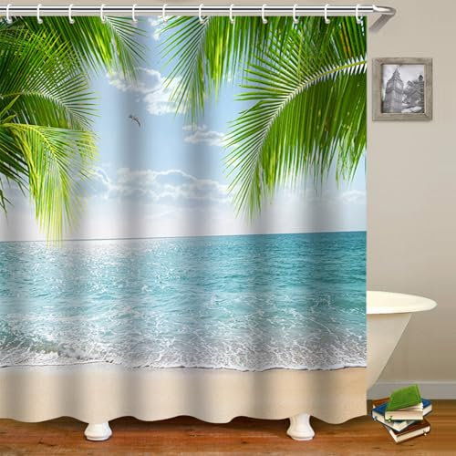 FAIRYGATE Duschvorhang aus Polyester Stoff Blätter Modern Wasserfarbenoptik Anti Schimmel Wasserdicht Badevorhang Natur Schlicht Elegant 180x180cm B8817