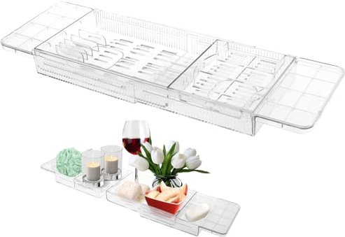 Expandable Bathtub Caddy Tray, 56.5-80.5cm Adjustable Length Clear Bathtub Bridge Rack, Plastic Hollow Drainage Bath Shelf, Nonslip Bathroom Accessories Storage for Home
