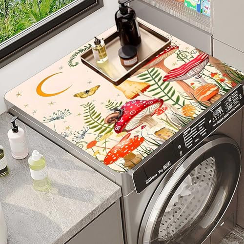 FANSU Tapis de Protection Dessus Machine à Laver, Tapis pour Dessus de Machine à Laver Antidérapant Housse pour Dessus de Machine à Laver Absorbant Séchage Rapide (Champignon Rouge,60x60cm)