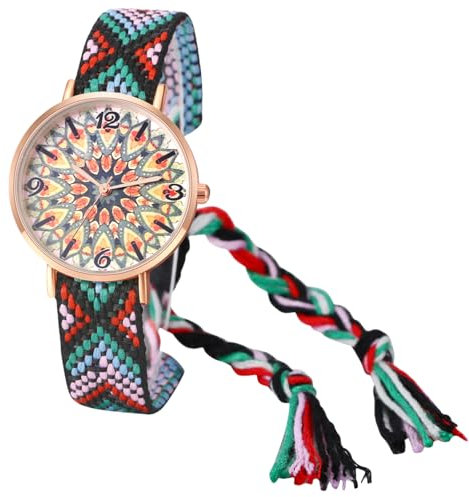 JewelryWe Damenuhr Boho Blumen Uhr: Bohemian Stil Bunt Verstellbar Geflochten Seil Armband aus Baumwolle Analog Quarz Armbanduhr Damen Lässige Uhr mit Rundem Blumendruck Zifferblatt, Schwarz Rot Gün