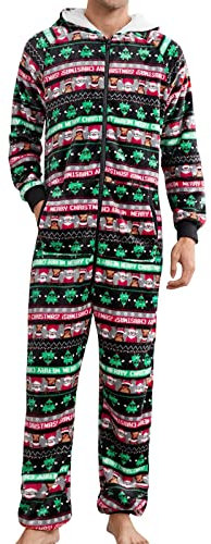 YOSUWOAI Tutina natalizia da uomo, in flanella, in pile, per la casa, alla moda, a maniche lunghe, pigiama intero invernale, imbottito, termico, per la casa, biancheria da notte, Q nero., XL