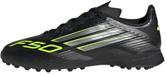 adidas Unisex Kids F50 League Turf Football Boots Kids, Core Black/Iron Metallic/Lucid Lemon, 3 UK