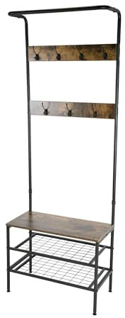 Amig - Porte-manteau avec étagère à chaussures Lukïen | Meuble d'entrée avec banc de style industriel | 183x66x32,5 cm | Métal et bois | Noir et marron | Meuble de couloir ou d'entrée