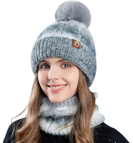 WANYIG Mütze Damen Winter Beanie Schal Set Warm Wintermütze Strickmütze mit Schal Herbst Mütze und Schal set mit bommel/Weichem Fleece Innenfutter(Farbverlauf Grau)