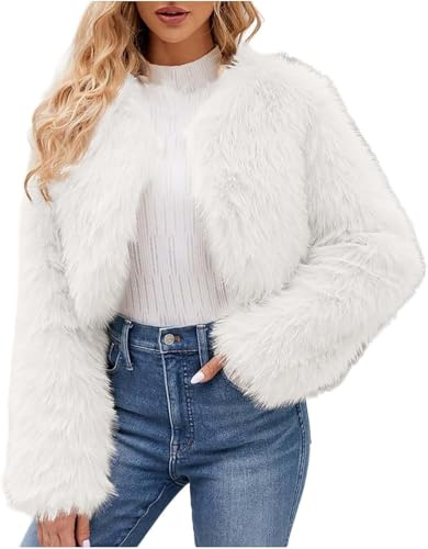 DSAoTeng Flauschiger Damen-Bolero, vorne offen, Kunstfell, einfarbig, lässig, bauchfrei, dick, weich, flauschig, Kunstfell, warm, Rundhalsausschnitt, Jacke für den Winter