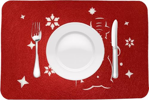 Napperon sous verre et dessous de plat de Noël, napperon de petit déjeuner en feutre rouge avec sculptures décoratives (12 pièces 30 x 45 cm assorties)