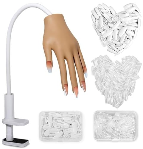 Practice Hand for Acrylic Nails - Silicone Nail Hand Practice Upgrade, Fake Nail Manican Hand for Nail Practice, Flexible Mannequin Hand with 100PCS Nail Tips