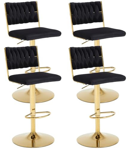 chairus Lot de 4 Tabourets de Bar Rotatif sur 360° Tabourets de Comptoir en Velours Chaise de Bar Réglable en Hauteur avec Dossier et Repose-Pieds, Noir-4