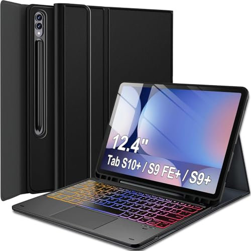 Nanhent Rétroéclairé Clavier Coque pour Samsung Galaxy Tab S10+ 2024 / S9+ Plus / S9 FE+ 12,4 Pouces 2023, Smart Touchpad, AZERTY Français Amovible Bluetooth sans Fil Clavier avec Housse Étui Cuir PU