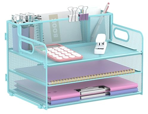 SUPEASY 3-Tier Schreibtisch Organizer mit Griff.3 Stifthalter, Mesh Papier/Datei Organizer für Schreibtisch, Papier Brief Tray Organizer für Bürobedarf, Blau
