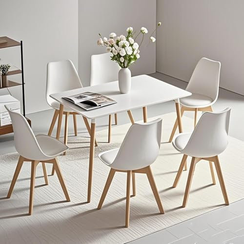 TTATC Mesa de Comedor con Juego de 6 Sillas, Mesa de Comedor Moderna Rectangular, 6 Sillas de Comedor con Patas de Madera de Haya, para Cocina, Sala, Comedor (Blanco)