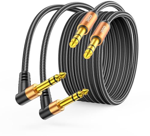 1/4 Inch TRS Cable 10FT 2-Pack, Banlance Instrument Guitar Cable, 6.35mm Straight-to-Right Angle Male Stereo Audio Cord, Compatible with Audio Mixer/Amp/Yamaha/Keyboard/KRK/JBL Speaker/Boss Katana