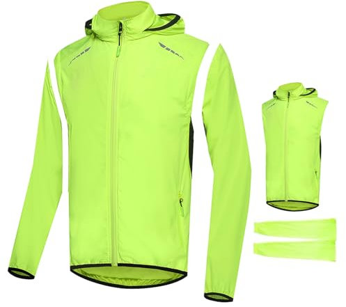 MODRYER 2-in-1 Mens Cycling Jacket Hi Vis Raincoats MTB Bicycle Gear Tops Quick Dry Riding Vest Waterproof Windproof Running Cycling Jersey With Detachable Sleeves,Green-4XL