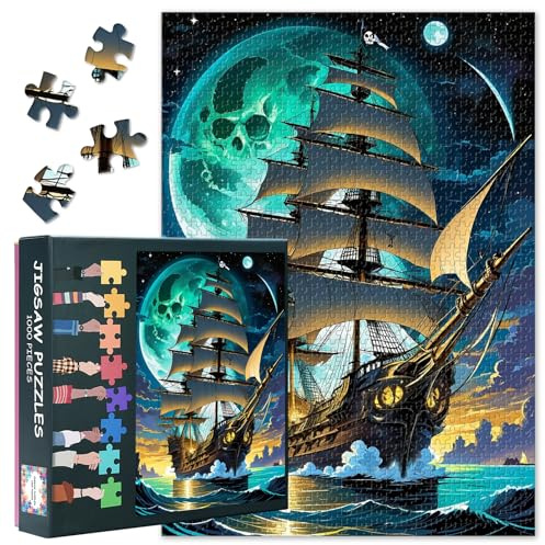 Jigsaw Puzzle for Adults - Pirate Ship Painting Artwork, 50 x 70cm Intricate Details Family Challenge Night Navigation Sea Moon Ocean Wave Jigsaw Puzzles, Rompecabezas para Adultos