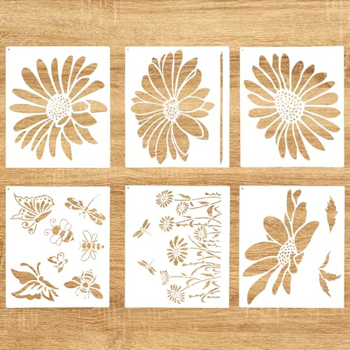 BOXOB 6stk Große Blumen Schablonen zum Malen, 30x35cm Jumbo Blumen Vorlagen Gänseblümchen Wildblumen Insekten Schmetterling Schablonen für Holz Zaun Gartenwände Möbel Stoff Leinwand Wandkunst
