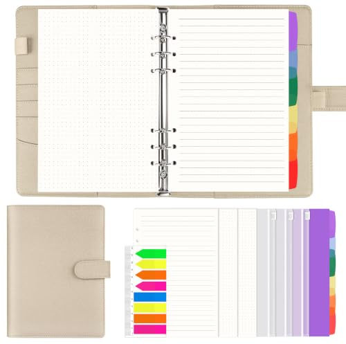 AKONEGE A5 Ringbuch, 6-Ring Ringbuch A5 nachfüllbar, mit 135 Blatt Nachfüllpapier, 3 Bindertaschen, 6 Registerkarten, Haftmarkern, Binder Planer-Organizer für Reisen, Arbeit und Schule, Goldglitter