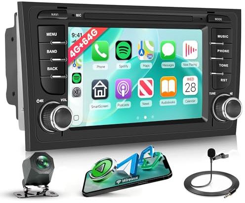 4G+64G Android Autoradio für Audi A6 C5 1997-2004 S6 1999-2004 RS6 2002-2006 7 Zoll Autoradio mit Wireless Carplay Android Auto Navi GPS WiFi Mirror Link Bluetooth FM/RDS/32 EQ/USB/SWC Rückfahrkamera