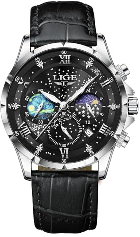 LIGE Uhr Herren Edelstahl Wasserdicht Analog Mondphase Quarz Herrenuhr Chronograph Lederarmband Watches for Men Mit Datum Leuchtende Herrenarmbanduhren Business Retro Männer Uhren